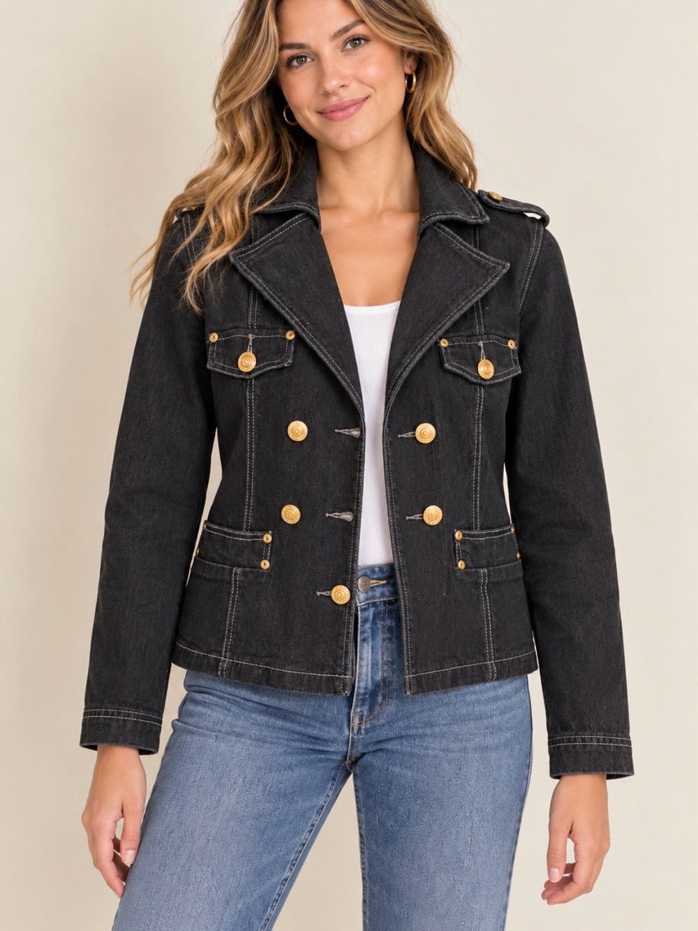 SOLD DG2 Diane Gilman Black Denim Military Double Breasted Jacket XS